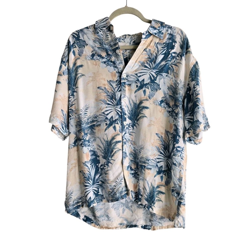 Mens Cubavera Size L Hawaiian‎ Shirt Blue Beige Ferns 100% Rayon  #112